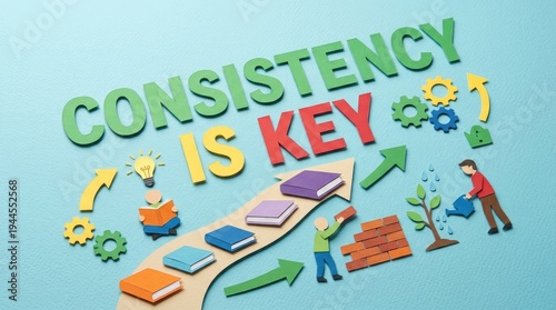 The image emphasizes the importance of consistency as a key to success. Large, bold text reads 