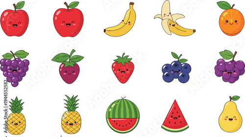 Cute kawaii fruit characters set with apple banana orange strawberry grape blueberry pineapple watermelon and pear cartoon vector illustration