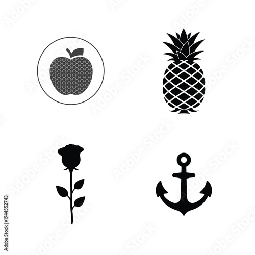 Black and white of fruit and apple pineapple rose anchor