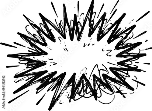 Hand drawn comic explosion burst with rough sketch lines and dynamic jagged edges, black and white design