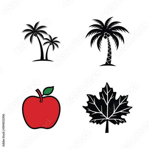 Colorful of Fruit and Trees on White apple leaf maple leaf palm trees tropical