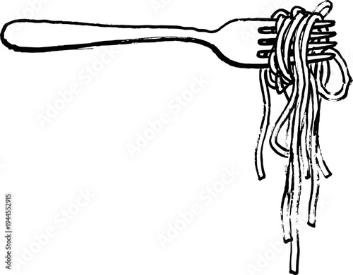 Fork with tangled spaghetti noodles hand drawn black and white sketch of pasta wrapped around silverware