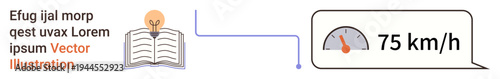 Education, innovation, knowledge transfer, speed, progress, creativity. Open book with a glowing light bulb and a speedometer showing 75 kmh. Education and innovation concept