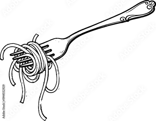Fork with spaghetti twisted around prongs classic utensil eating pasta illustration in black and white line art
