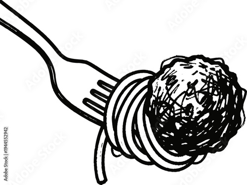 Fork holding spaghetti with a meatball wrapped around it hand drawn sketch of italian pasta dinner meal