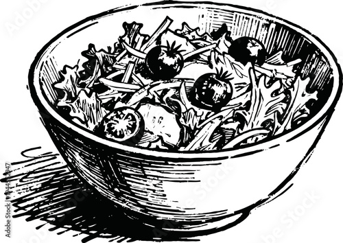 Bowl of fresh vegetable salad with leafy greens and cherry tomatoes, hand drawn vintage