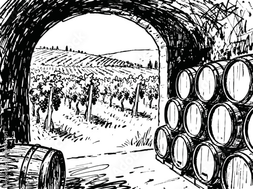 wine cellar interior with barrels stacked near vineyard entrance, rustic winery storage room scene