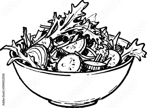 Fresh vegetable salad bowl with leafy greens, sliced cucumbers, tomato wedges, and onion rings illustration