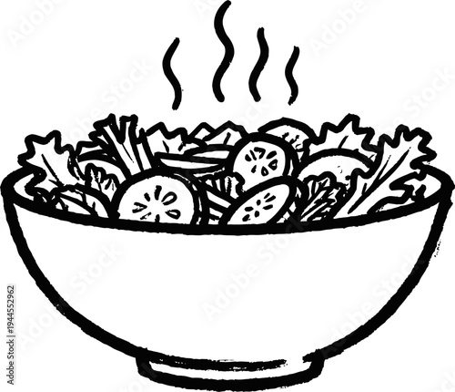 Steaming bowl of fresh vegetable salad with lettuce, cucumber, tomato, and herbs