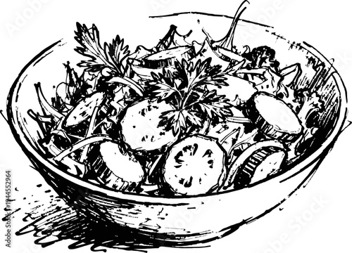 Fresh vegetable salad bowl with tomato, cucumber, greens, and herbs in vintage sketch
