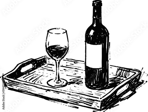 Wine bottle and glass on wooden serving tray hand drawn black and white illustration