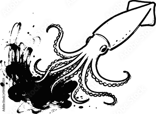 Black ink squid illustration with splash effect, sea creature drawing art