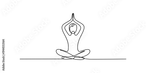 Minimalist single line drawing of a person sitting in a meditative yoga posture with hands raised Vector, illustration