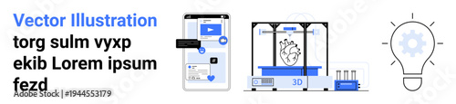 Technology, 3D modeling, app design, healthcare innovation, digital fabrication, creative ideas. Smartphone with interface, 3D printer with heart model lightbulb with gear. Technology and 3D