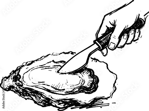 Hand using knife to shuck oyster shell with detailed texture and natural shape