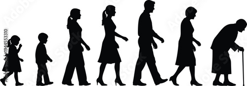 Black silhouette sequence of people walking representing life stages from childhood to old age, isolated on white background for aging concepts. (21 words)