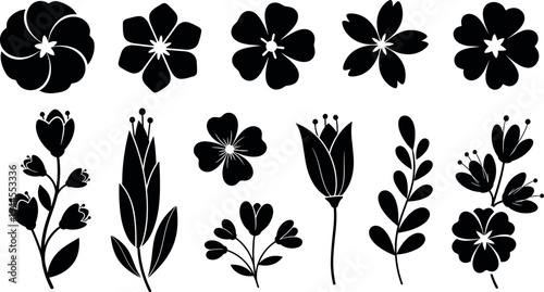 Set of black floral silhouette icons featuring various flower heads blossoms tulips and leaf branches isolated on white background vector