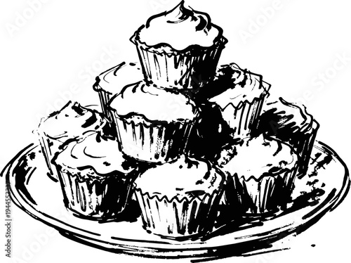 Stack of frosted cupcakes on a plate illustration with swirled icing topping, dessert food drawing