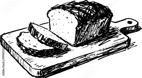 Sliced loaf of bread on wooden cutting board with handle, simple black and white illustration