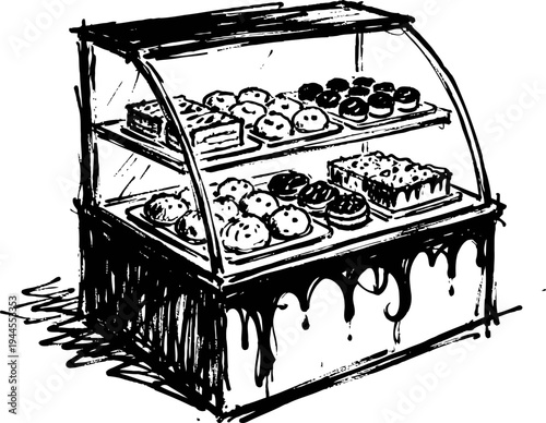 Bakery display case with assorted breads and pastries on two shelves