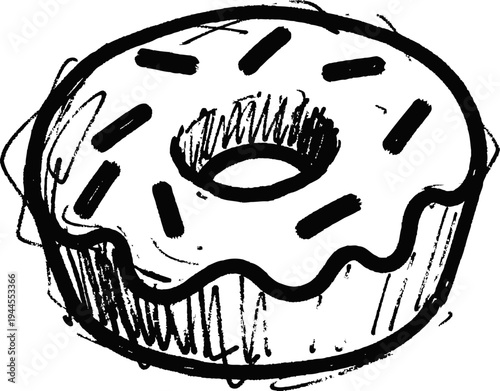 Hand drawn donut with icing and sprinkles sketch simple black and white dessert illustration