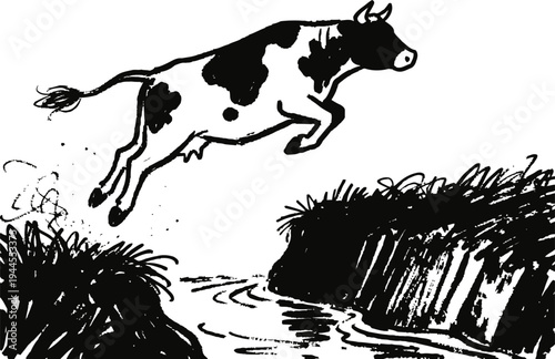 cow jumping over creek in rural landscape black and white ink sketch of animal leap