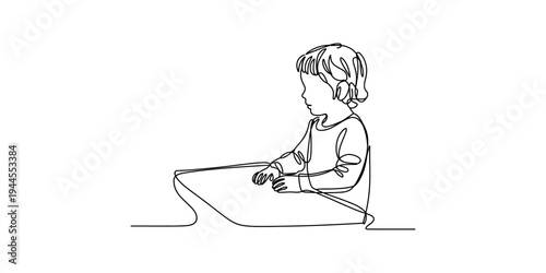 Continuous line drawing of a small child sitting at a desk, looking forward with hands resting on the surface Vector, illustration