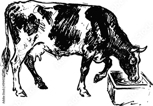 black and white cow drinking water from a trough farm animal illustration in vintage