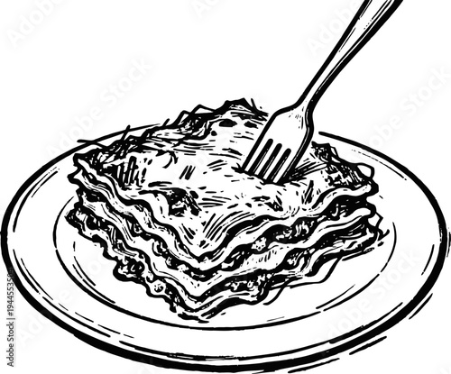 Delicious lasagna slice on plate with fork ready to eat, classic italian pasta meal illustration