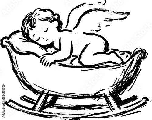 Sleeping angel baby in cradle with wings, peaceful innocence and heavenly protection sketch