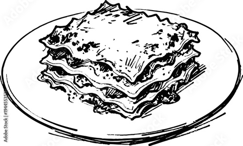 Hand drawn lasagna layered pasta dish on plate vintage sketch illustration