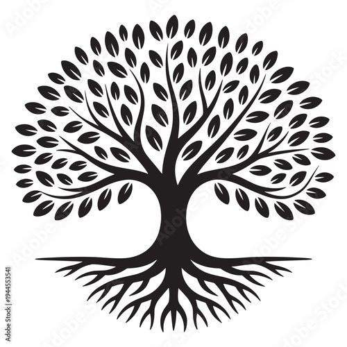 Ancient tree with sprawling roots and dense foliage symbolizing nature and strength.