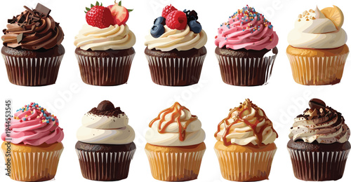 Delicious cupcake collection with chocolate vanilla strawberry caramel frosting berries and sprinkles bakery dessert vector illustration set
