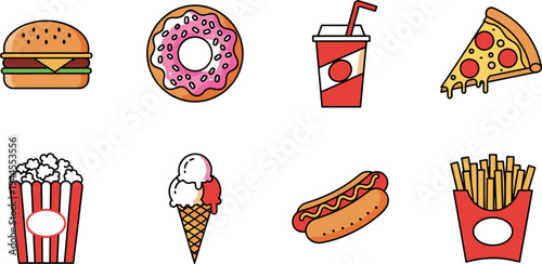 Fast food icon set with burger donut soda pizza popcorn ice cream hotdog and french fries colorful snack vector illustration