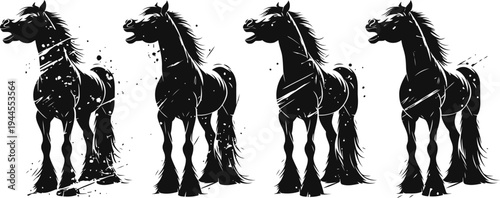 set of four black silhouette horses with mane flowing in dynamic grunge