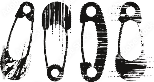 abstract black and white safety pins set with distressed grunge texture and glitch effect design elements