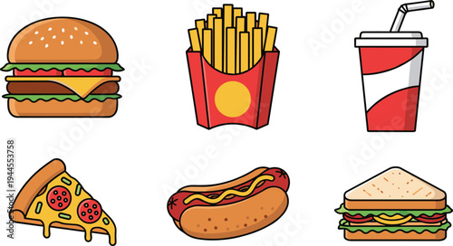 Fast food icon set with burger french fries soda pizza hotdog and sandwich colorful takeaway snack vector illustration