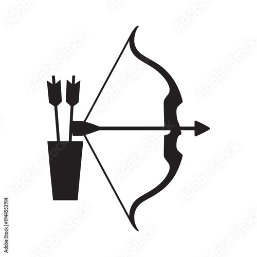 Black silhouette of a bow and arrows in a quiver design
