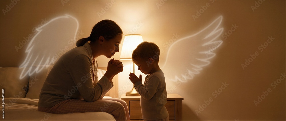 Obraz premium Woman and child praying by bedside with angel wings projection for religious education and spiritual connection. Banner with copy space