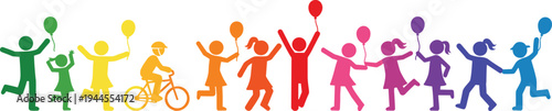 Colorful silhouette illustration of children playing, running, cycling, dancing, and holding balloons in rainbow spectrum, symbolizing joy, diversity, inclusivity, and childhood celebration artwork.