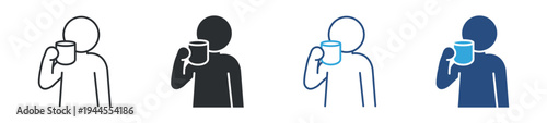 Drinking coffee icon set, person holding cup icon. Hot beverage break concept. Coffee drinking symbol. Vector illustration.