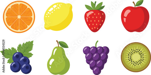 Fresh fruit icon set including orange lemon strawberry apple blueberry pear grape and kiwi colorful healthy food vector illustration