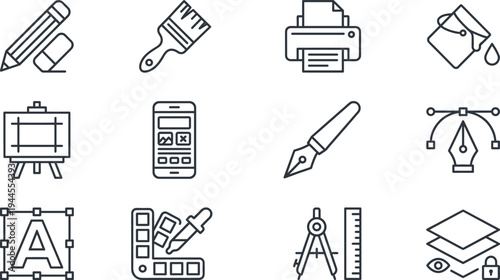 Graphic design tools outline icon set with pencil brush printer smartphone pen tool ruler compass and typography vector illustration