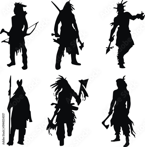 Tribal warrior silhouettes set with spears, axes and traditional weapons, ancient hunter characters collection, primitive fighters vector illustration isolated on white background