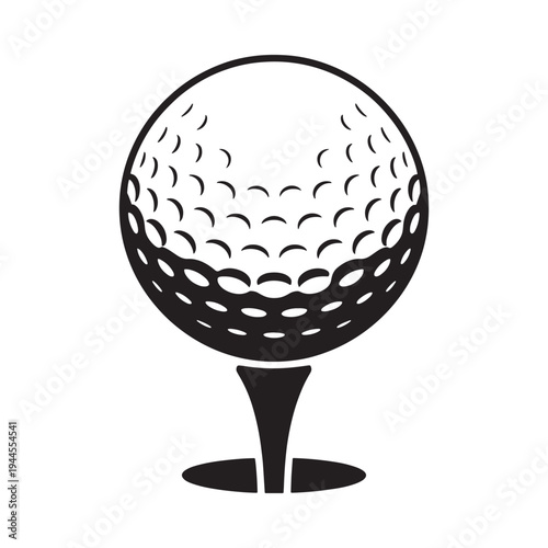 A black and white illustration of a golf ball on a tee