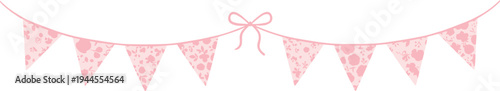 Decorative pink bunting banner with floral patterned triangular flags and central bow on curved string, perfect for party, wedding, baby shower, and festive celebration decoration.
