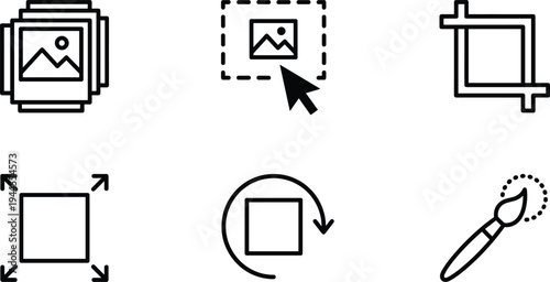 Image editing outline icons set with crop resize rotate select photo stack and brush design tools vector illustration