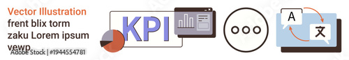 KPI tracking, data analysis, business productivity, language translation, digital tools, and communication. Icons include a graph, KPI text ellipses and a translation symbol. KPI tracking and data