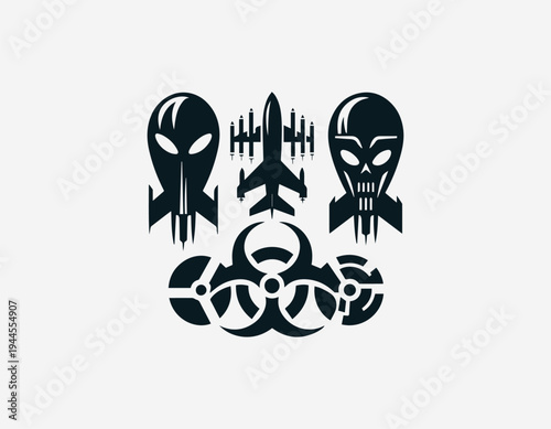 Bomb silhouettes with alien biohazard and radiation symbols black vector logo illustration isolated on white background