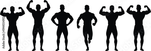 Bodybuilder Silhouettes Set Muscular Male Fitness Poses Flexing Arms Strong Athlete Vector Illustration